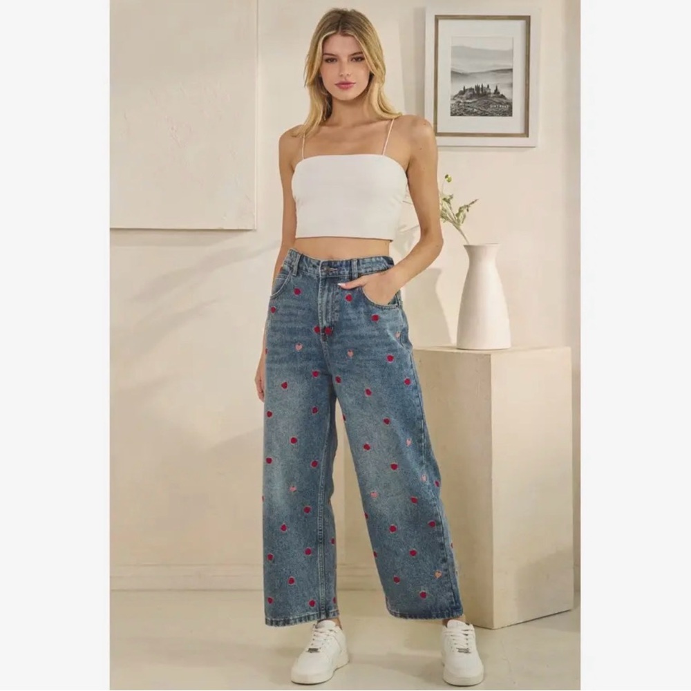 Oli & Hali Blue Wide Leg Jeans with Red Heart Embroidery - Picture 8 of 12